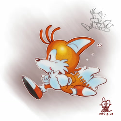 Size: 1280x1280 | Tagged: safe, artist:thewatermelonfox, miles "tails" prower, 2025, classic tails, clenched fists, gradient background, looking ahead, looking offscreen, mouth open, outline, redraw, reference inset, running, signature, solo