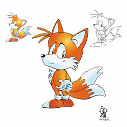Size: 1280x1280 | Tagged: safe, artist:thewatermelonfox, miles "tails" prower, 2025, classic tails, hands behind back, looking back, looking back at viewer, redraw, reference inset, signature, simple background, smile, smiling at viewer, solo, white background