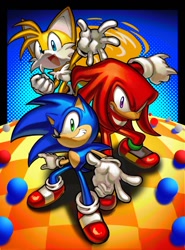 Size: 888x1200 | Tagged: safe, artist:edlucavalden, knuckles the echidna, miles "tails" prower, sonic the hedgehog, 2025, abstract background, blue spheres, flying, looking at viewer, mid-air, smile, smiling at viewer, special stage, spinning tails, standing, team sonic, trio
