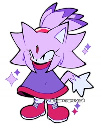 Size: 923x1146 | Tagged: safe, artist:kirby-popstar, blaze the cat, 2025, alternate universe, au:outcome memories, blazebetes, blushing, cute, flat colors, looking offscreen, no mouth, poncho, signature, simple background, solo, sparkles, standing, white background
