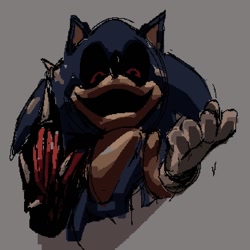 Size: 1080x1078 | Tagged: safe, artist:williamsbuttas, sonic the hedgehog, oc, oc:sonic.exe, 2025, alternate universe, au:outcome memories, black sclera, grey background, looking at viewer, middle finger, mouth open, shadow (lighting), simple background, sketch, solo, wink