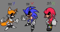 Size: 1200x638 | Tagged: safe, artist:exesonic77945, knuckles the echidna, miles "tails" prower, sonic the hedgehog, oc, oc:knuckles.exe, oc:sonic.exe, oc:tails.exe, 2025, alternate universe, au:outcome memories, black sclera, bleeding, bleeding from eyes, bleeding from mouth, blood, clenched fists, flat colors, grey background, grey shoes, looking at viewer, mouth open, nightmare fuel, sharp teeth, simple background, smile, smiling at viewer, standing, team sonic, thumbs down, trio, waving, waving at viewer