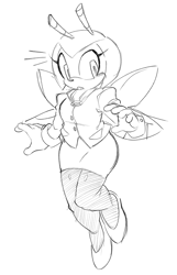 Size: 866x1344 | Tagged: safe, artist:animaten_saine, jewel the beetle, 2025, :o, eyelashes, female, flapping wings, flying, line art, mid-air, monochrome, mouth open, simple background, solo, surprised, white background