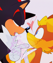 Size: 2886x3396 | Tagged: safe, artist:cerberustheterrible, antoine d'coolette, shadow the hedgehog, 2025, antoine x shadow, blushing, crack shipping, duo, gay, grey background, heart, looking at each other, obtrusive watermark, rarepair, shipping, simple background, watermark