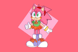 Size: 1280x854 | Tagged: safe, artist:ismokefundip, amy rose, 2021, :3, abstract background, blushing, classic amy, eyelashes, green eyes, looking offscreen, one fang, smile, solo, thumbs up