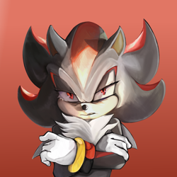 Size: 3000x3000 | Tagged: safe, artist:deimonday, shadow the hedgehog, 2025, arms folded, eyelashes, frown, gradient background, lidded eyes, mugshot, shadow is not amused, solo, standing, unamused