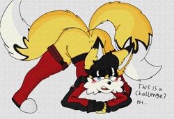 Size: 4095x2820 | Tagged: suggestive, artist:justsomeidiotonline, miles (anti-mobius), ass up, blushing, butt, dialogue, english text, eyeshadow, jack-o' pose, lidded eyes, miles is not amused, mouth open, one fang, posing, raised tail, simple background, solo, stupid sexy miles, talking, talking to viewer, text, unamused, white background