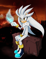 Size: 1425x1825 | Tagged: safe, artist:tanyawind, silver the hedgehog, sonic the hedgehog (2006), 2015, abstract background, bad future, dreams of an absolution, fire, frown, looking at something, outdoors, psychokinesis, rock, signature, sitting, solo