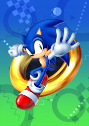 Size: 1447x2046 | Tagged: safe, artist:alcyoneax, sonic the hedgehog, sonic origins, 2022, abstract background, anniversary, lineless, looking at viewer, mid-air, portal, reaching out, reaching towards the viewer, ring, smile, smiling at viewer, solo