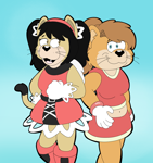 Size: 4228x4502 | Tagged: safe, artist:toonidae, honey the cat, tiara boobowski, cat, cheek fluff, duo, duo female, female, gradient background, hand on hip, looking at them, smile, smiling at them