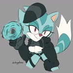 Size: 1665x1665 | Tagged: safe, artist:c0ngatime, slinger the ocelot, gender swap, grey background, head tilt, lidded eyes, simple background, smile, solo, twirling