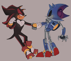 Size: 2048x1755 | Tagged: safe, artist:chunkycrocs, artist:t0yhaunt, metal sonic, shadow the hedgehog, hedgehog, 2024, duo, frown, gay, grey background, heart chest, holding hands, lidded eyes, looking at each other, metadow, robot, shipping, simple background, standing