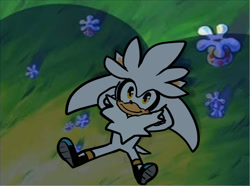Size: 1507x1123 | Tagged: safe, artist:ohposhers, silver the hedgehog, arms behind head, chest fluff, flat colors, flower, grass, looking up, lying down, shadow (lighting), smile, solo