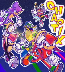 Size: 1024x1137 | Tagged: safe, artist:joltedfox06, charmy bee, espio the chameleon, knuckles the echidna, mighty the armadillo, vector the crocodile, knuckles chaotix, 2025, abstract background, classic charmy, classic espio, classic knuckles, classic mighty, classic vector, flapping wings, flying, frown, group, holding something, looking at viewer, looking offscreen, mid-air, mouth open, outline, ring, ring chain, running, smile, sparkles, team chaotix, text