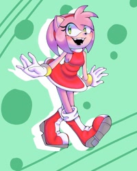 Size: 1024x1280 | Tagged: safe, artist:joltedfox06, amy rose, 2022, abstract background, blushing, fangs, mouth open, open smile, smile, smiling at viewer, solo, standing, walking