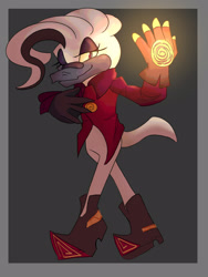 Size: 1200x1600 | Tagged: safe, artist:ahratty, dr. starline, 2025, border, eyelashes, grey background, lidded eyes, looking at viewer, male, simple background, smile, smiling at viewer, solo, walking, warp topaz, winking at viewer