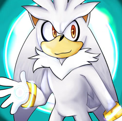 Size: 1284x1267 | Tagged: safe, artist:ahratty, silver the hedgehog, hedgehog, 2025, abstract background, looking offscreen, male, redraw, smile, solo, standing