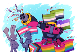 Size: 1956x1319 | Tagged: safe, artist:sonicpridecorner, e-123 omega, rabbit, wolf, 2025, ambiguous gender, aromantic pride, confetti, flag, genderqueer pride, generic mobian, group, outline, pride, pride flag, pride parade, progress pride, robot, semi-transparent background, signature, solo focus, standing, trans pride, transgender