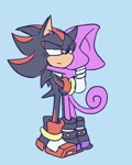 Size: 596x744 | Tagged: safe, artist:aleespace-art, espio the chameleon, shadow the hedgehog, 2025, blue background, comforting, duo, flat colors, frown, gay, hugging, lidded eyes, sad, shadpio, shipping, simple background, standing