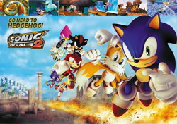 Size: 966x681 | Tagged: safe, espio the chameleon, knuckles the echidna, metal sonic, miles "tails" prower, rouge the bat, shadow the hedgehog, silver the hedgehog, sonic the hedgehog, 3d, daytime, explosion, fighting pose, frown, group, looking at viewer, mid-air, official artwork, outdoors, pillar, robot, sonic rivals 2