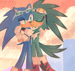 Size: 1750x1650 | Tagged: safe, artist:regrat1704, jet the hawk, sonic the hedgehog, 2025, abstract background, duo, eyes closed, gay, hugging, jet x sonic, looking at them, shipping, smile, standing