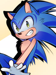 Size: 1305x1748 | Tagged: safe, artist:usatokkiss, sonic the hedgehog, 2025, abstract background, blushing, chipped ear, clenched teeth, smile, smiling at viewer, solo