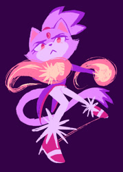 Size: 1084x1517 | Tagged: safe, artist:brandirecognition, blaze the cat, 2025, :<, clenched fists, fire, flame, frown, looking at viewer, no outlines, punching, purple background, simple background, solo, standing, standing on one leg