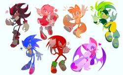 Size: 2048x1255 | Tagged: safe, artist:froflossy, amy rose, knuckles the echidna, miles "tails" prower, rouge the bat, shadow the hedgehog, sonic the hedgehog, surge the tenrec, 2025, claws, cross popping vein, cute, devil horns (gesture), female, frown, group, heart, lightning bolt, looking at viewer, male, no outlines, piko piko hammer, simple background, smile, sparkle, star (symbol), tongue out, waving, white background