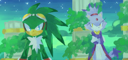 Size: 2048x964 | Tagged: safe, artist:regrat1704, blaze the cat, jet the hawk, sonic rush adventure, 2025, arms folded, bush, duo, female, frown, looking at viewer, male, outdoors, pillar, sky babylon, standing, star (sky)