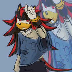 Size: 2048x2048 | Tagged: safe, artist:vocochair, shadow the hedgehog, 2025, alternate outfit, clothes, echo background, lidded eyes, pants, pijamas, shirt, sketch, solo, standing, tired