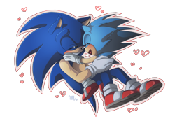 Size: 3300x2419 | Tagged: safe, artist:classicmariposazul, sonic the hedgehog, 2016, blushing, classic sonic, cute, duo, eyes closed, heart, holding each other, holding them, mouth open, open smile, outline, self paradox, simple background, sitting, smile, sonabetes, transparent background