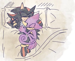 Size: 1161x939 | Tagged: safe, artist:aleespace-art, espio the chameleon, shadow the hedgehog, 2025, barefoot, bed, cuddling, duo, eyes closed, gay, gloves off, pawpads, paws, pillow, shadpio, shipping, sleeping