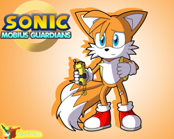 Size: 957x766 | Tagged: safe, artist:shiny-keldeo, miles "tails" prower, 2024, alternate universe, au:mobius guardians, backpack, gradient background, holding something, looking offscreen, ring, smile, solo, standing