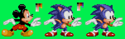 Size: 302x94 | Tagged: safe, artist:cartoonsanimate22, sonic the hedgehog, 2021, :o, classic sonic, crossover, disney, duo, green background, looking offscreen, mickey mouse, mouth open, pixel art, simple background, sprite, standing, style emulation