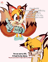 Size: 736x952 | Tagged: safe, artist:raythefartpooe, miles "tails" prower, 2025, alternate universe, bleeding, blood, dialogue, duality, ear fluff, english text, floppy ears, frown, fur markings, implied kit, injured, looking down, looking offscreen, nosebleed, one fang, simple background, smile, solo, text, white background