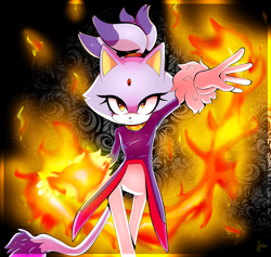 Size: 3500x3316 | Tagged: safe, artist:kc0331, artist:xxkenthewolfxx, blaze the cat, 2018, abstract background, border, fire, fire hand, flame, looking offscreen, smile, solo, standing