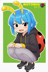 Size: 683x1024 | Tagged: safe, artist:puyopopper, human, antenna, badnik, fangs, female, females only, hoodie, humanized, motobug, rollerskates, skating, solo