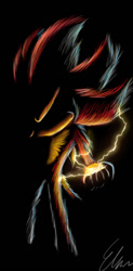 Size: 598x1212 | Tagged: safe, artist:default-deviant, shadow the hedgehog, 2009, black background, electricity, shadowed face, signature, simple background, solo, standing