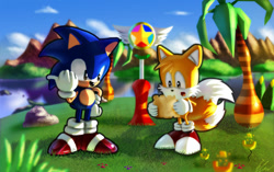 Size: 800x501 | Tagged: safe, artist:default-deviant, miles "tails" prower, sonic the hedgehog, 2012, abstract background, checkpoint, classic sonic, classic tails, clouds, daytime, duo, flower, grass, holding something, island, looking at something, looking at them, map, mountain, outdoors, palm tree, pointing, ring, rock, standing, star post, tree, water