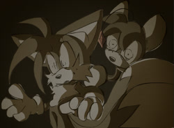 Size: 1605x1190 | Tagged: safe, artist:knuckie-head, miles "tails" prower, tails doll, 2024, black background, duo, greyscale, hand on shoulder, looking at them, looking offscreen, monochrome, scared, simple background, standing, sweatdrop, this won't end well