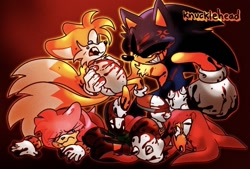 Size: 1063x720 | Tagged: semi-grimdark, artist:knuckie-head, amy rose, knuckles the echidna, miles "tails" prower, sonic the hedgehog, oc, oc:sonic.exe, 2024, black sclera, blood, blood splatter, crying, grabbing, gradient background, injured, looking at each other, looking at them, lying on front, mouth open, outline, scared, smile, tears, tears of fear