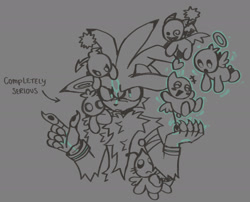 Size: 1530x1237 | Tagged: safe, artist:captainsquiddd, silver the hedgehog, chao, 2025, alternate outfit, chest fluff, claws, dark chao, fingerless gloves, flying, frown, grey background, group, hero chao, line art, looking at viewer, mid-air, monochrome, neutral chao, on head, pawpads, pointing, psychokinesis, simple background, solo focus, sonic rivals 2, spot color, text