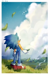 Size: 1386x2048 | Tagged: safe, artist:astrxchoi, sonic the hedgehog, bird, hedgehog, 2025, abstract background, border, clouds, daytime, grass, holding something, leaf, literal animal, outdoors, smile, solo, sonictober, sonictober 2025, standing