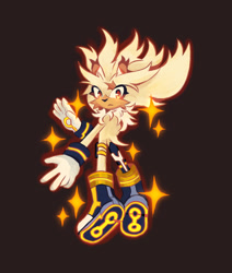 Size: 1736x2048 | Tagged: safe, artist:valis-chaos, silver the hedgehog, hedgehog, 2025, brown background, cute, ear fluff, flying, frown, fur markings, knee braces, looking at viewer, looking back, looking back at viewer, mid-air, neck fluff, scar, silvabetes, simple background, solo, sonictober, sonictober 2025, sparkles, super form, super silver