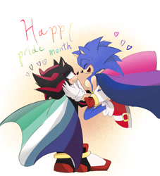 Size: 1860x2048 | Tagged: safe, artist:emerald57, shadow the hedgehog, sonic the hedgehog, 2025, bisexual, bisexual pride, cape, duo, gay, heart, mlm pride, pride, pride month, shadow x sonic, shipping, smile