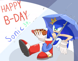 Size: 2048x1603 | Tagged: safe, artist:emerald57, sonic the hedgehog, 2025, birthday, chili dog, eating, food, holding something, looking offscreen, rain, sitting, smile, solo, text, umbrella