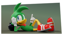 Size: 3840x2160 | Tagged: safe, artist:fleetymcfoot, bean the dynamite, bird, 2022, 3d, absurd res, bomb, border, head rest, lying back, lying down, mouth open, open smile, pointing, smile, solo, this won't end well