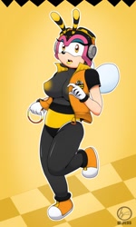 Size: 768x1280 | Tagged: suggestive, artist:jessesmash32, charmy bee, bee, 2018, abstract background, aged up, breasts, busty charmy, gender swap, holding something, looking at viewer, mouth open, older, outline, ring, standing, standing on one leg