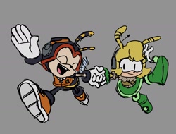 Size: 2000x1518 | Tagged: safe, artist:balefactor, charmy bee, saffron bee, bee, 2023, duo, eyes closed, flapping wings, flying, grey background, holding hands, looking at them, mid-air, simple background, sketch, smile