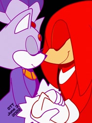 Size: 768x1024 | Tagged: safe, artist:cerberustheterrible, blaze the cat, knuckles the echidna, 2022, black background, blaze x knuckles, duo, eyes closed, holding hands, shipping, side view, signature, simple background, smile, straight